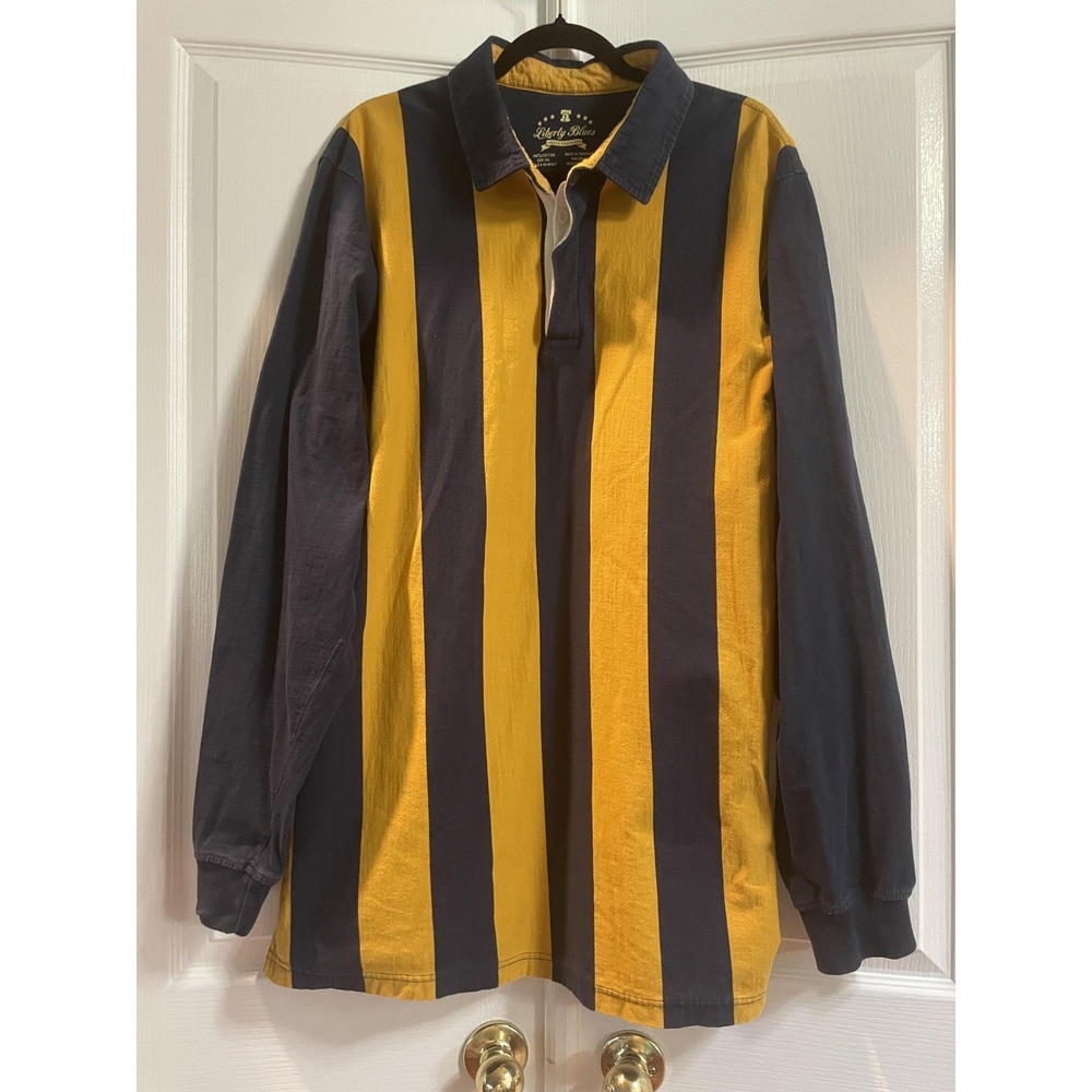 Liberty Blues Polo Shirt Mens 2XL Navy Yellow Rugby Stripe Long Sleeve Cotton